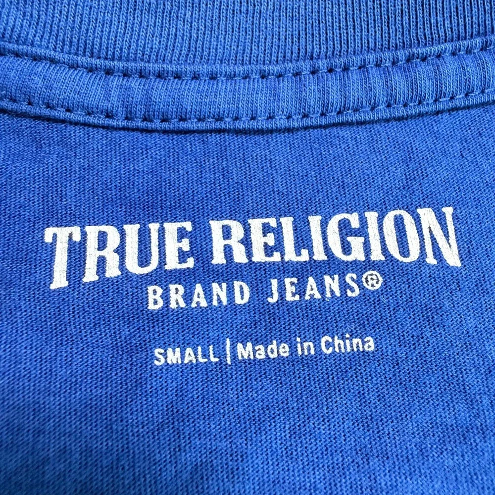 True Religion T-Shirt Mens Small Blue‎ Excellent Buddha Guitar Graphic Tee